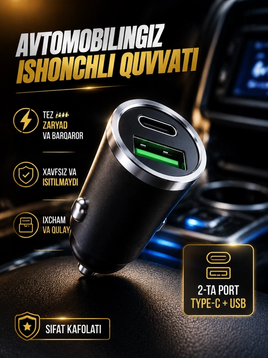 Avtomobil zaryadlagichi Type-C + USB, 2 portli, tezkor zaryadlash 12V/24V - 