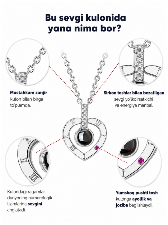 "Men seni sevaman" yozuvli, 100 tilda proyeksiyali zanjirli kulon