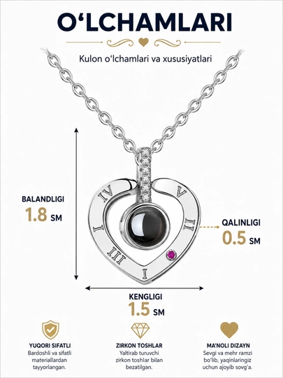 "Men seni sevaman" yozuvli, 100 tilda proyeksiyali zanjirli kulon