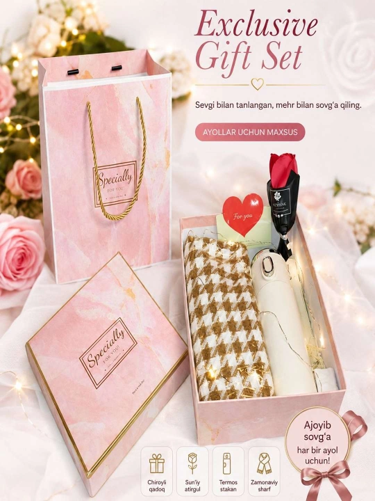 8-mart, bayramlar uchun sovg'alar to'plami, bayramga ideal sovg'a, paketlari bilan birga - 