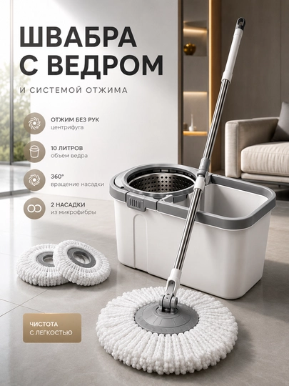 Швабра с ведром и отжимом 10 л, набор для уборки, вращение 360°, 2 насадки из микрофибры - 
