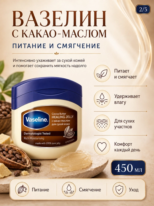 Quruq teri uchun Vaseline namlantiruvchi vazelini, 450 ml, Baby yoki Cocoa Butter