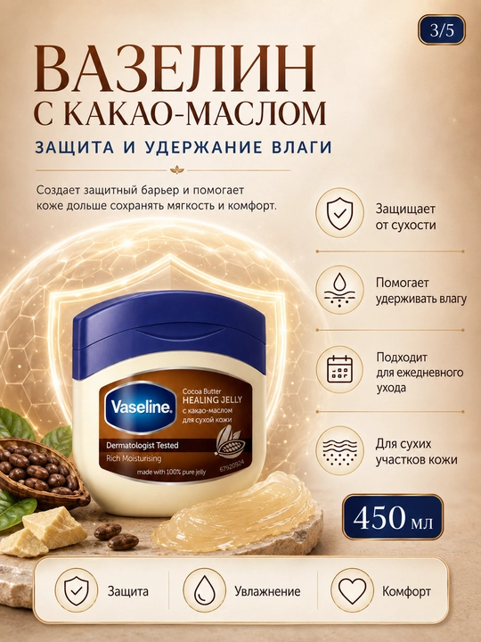 Quruq teri uchun Vaseline namlantiruvchi vazelini, 450 ml, Baby yoki Cocoa Butter