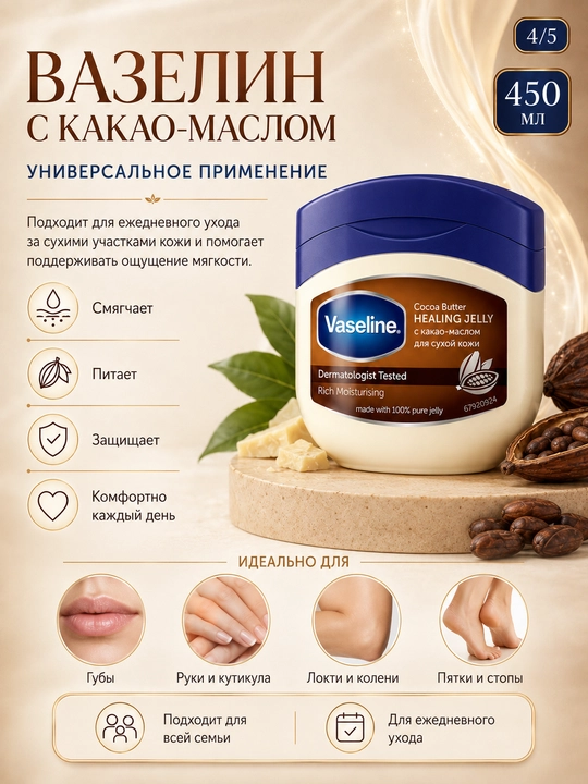 Quruq teri uchun Vaseline namlantiruvchi vazelini, 450 ml, Baby yoki Cocoa Butter