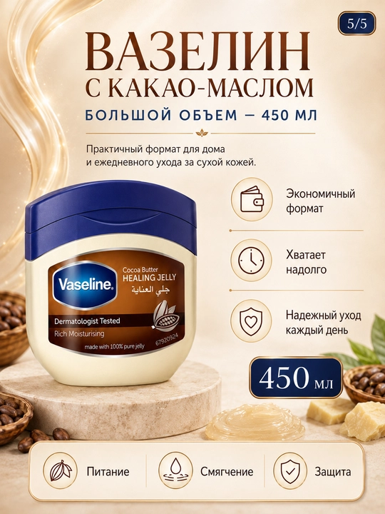 Quruq teri uchun Vaseline namlantiruvchi vazelini, 450 ml, Baby yoki Cocoa Butter