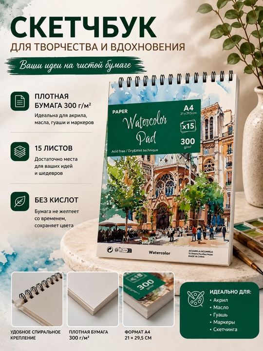 Скетчбук для акварели A4 – 15 листов, 300 г/м², на спирали, Acrylic Pad, Watercolor Pad - 