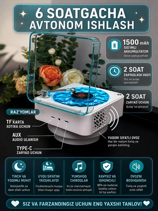 Soat,yoritish,proyeksiya va tabiat tovushlari bilan .simsiz bluetooth musiqa kolonka
