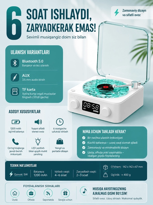 Soat,yoritish,proyeksiya va tabiat tovushlari bilan .simsiz bluetooth musiqa kolonka - 