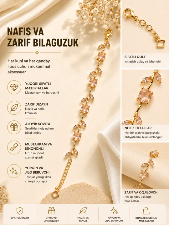 Ayollar uchun nafis zirakli bilaguzuk oltin rang zirkon toshli elegant bracelet