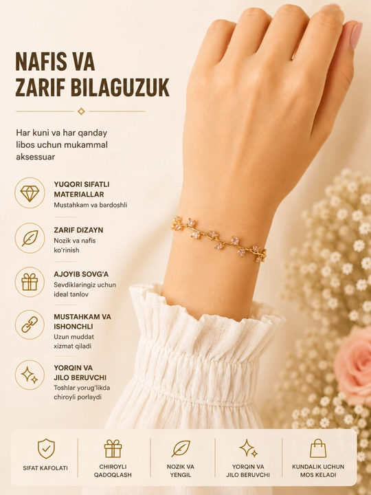 Ayollar uchun nafis zirakli bilaguzuk oltin rang zirkon toshli elegant bracelet