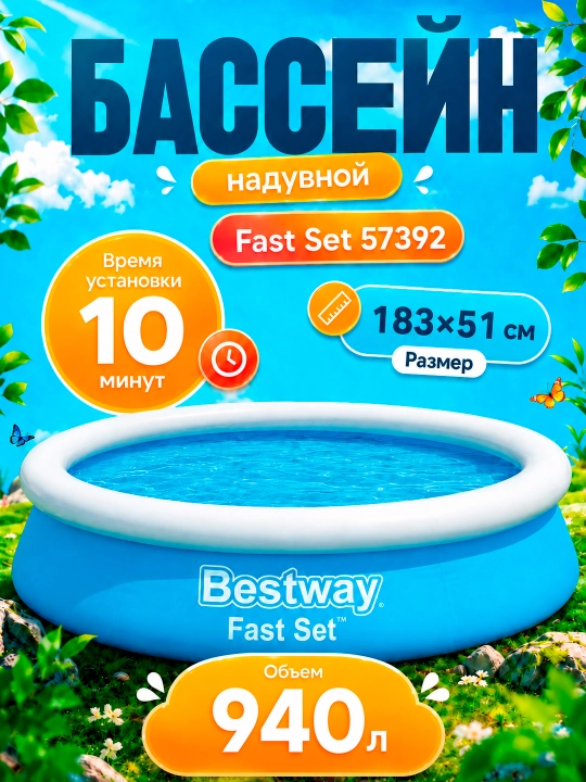 Надувной бассейн Bestway Fast Set, 940-5377 л, для детей и взрослых - 