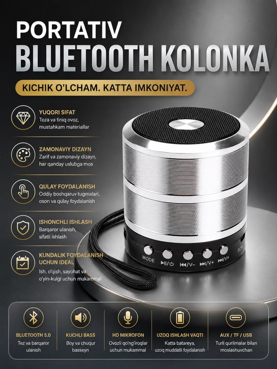 Портативная Bluetooth колонка WS-887 с FM, USB, TF, AUX беспроводной динамик - 
