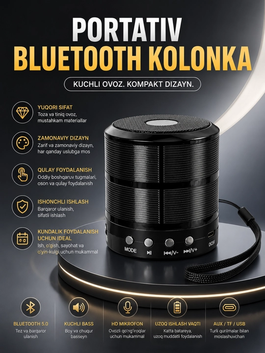 Портативная Bluetooth колонка WS-887 с FM, USB, TF, AUX беспроводной динамик - 