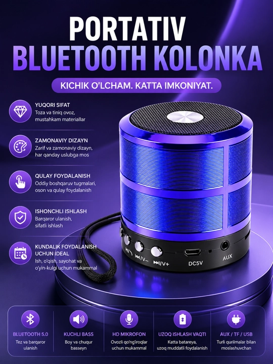 Портативная Bluetooth колонка WS-887 с FM, USB, TF, AUX беспроводной динамик - 