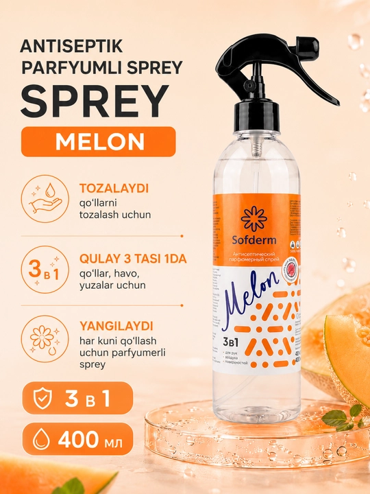 Sofderm Melon 3 in 1 qovun iforli antiseptik sprey, 400 ml