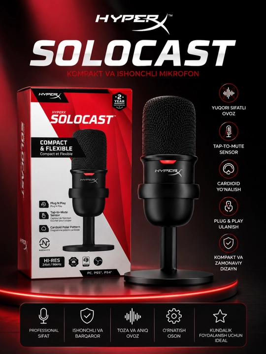 HyperXSoloCastUSBkondensatorlimikrofono‘yinlar,podkastlarvayozuvlarnistriming qilish uchun - 