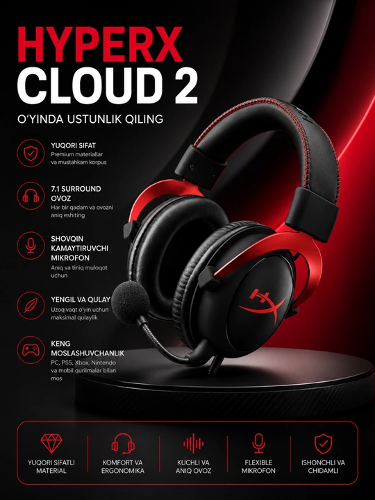 HyperX Cloud II Игровая гарнитура с микрофоном стерео для ПК PS5, Xbox, Ноутбука - 