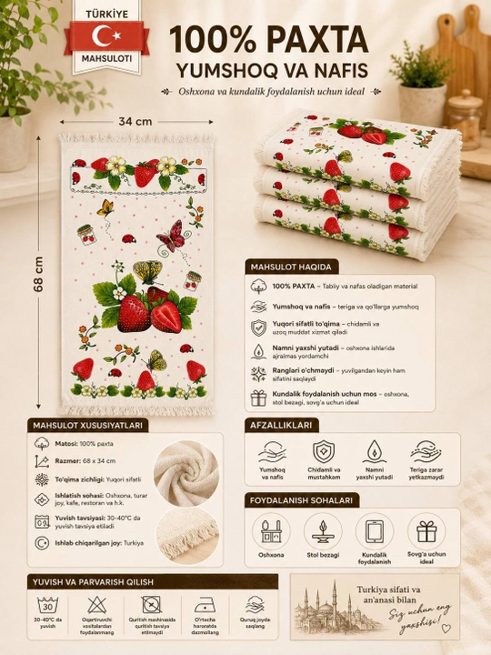 Кухонное полотенце, 68×34 см, 100% хлопок, Турция