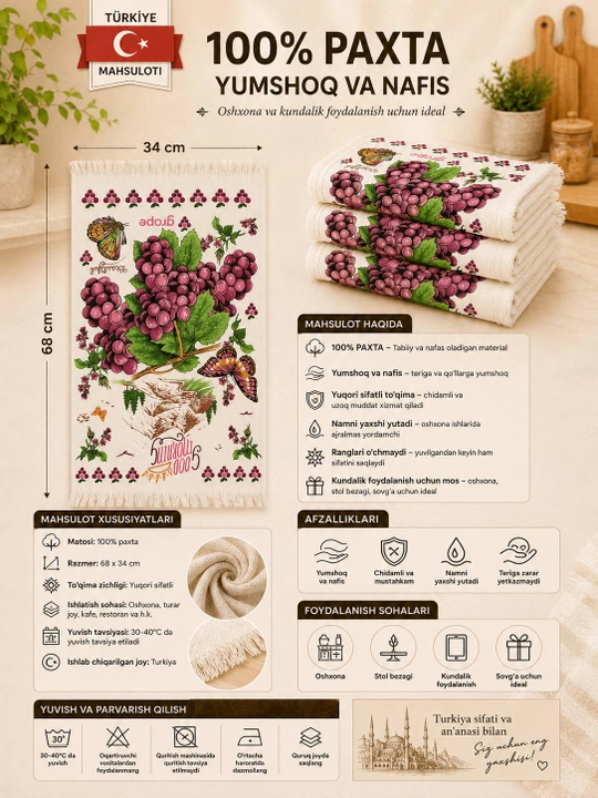 Кухонное полотенце, 68×34 см, 100% хлопок, Турция
