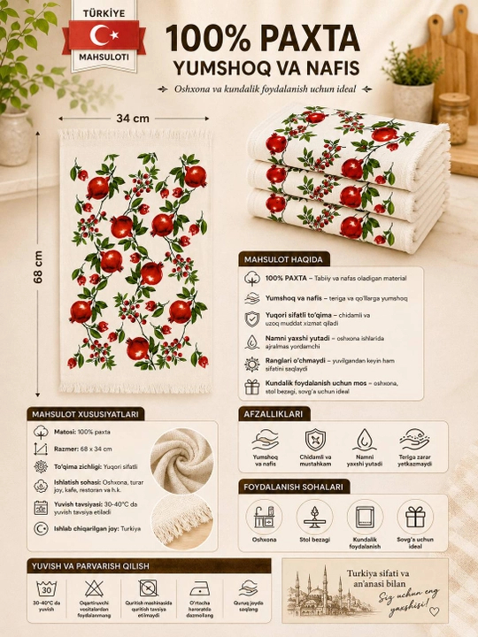Кухонное полотенце, 68×34 см, 100% хлопок, Турция