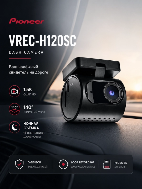Videoregistrator, PIONEER VREC-H120SC 120° ko‘rish burchagi, 128 GB gacha