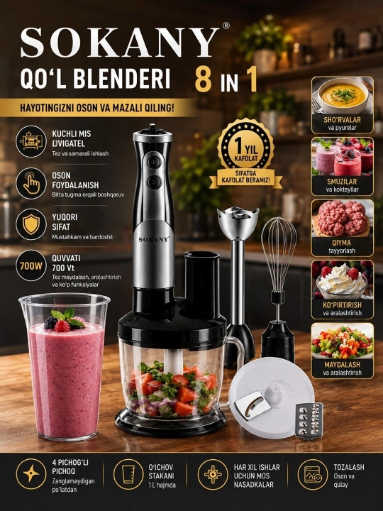 Sokany 8 in 1 qo'l blendiri