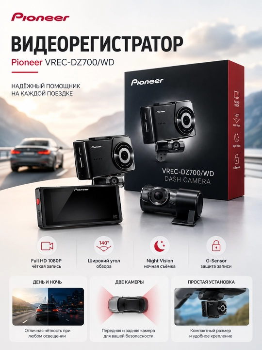 Videoregistrator, PIONEER VREC-H520DC, 3 dyuymli IPS ekran, 2K va orqa 1080p bilan - 
