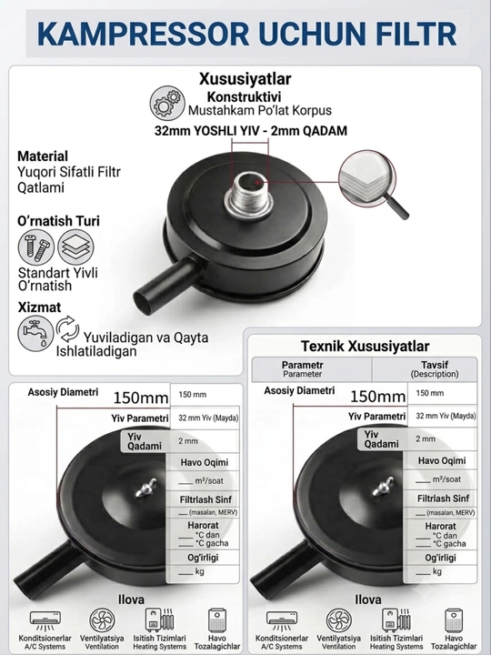 Kompressor havo filtri,32 mm kompressor filtri,Porshenli kompressor filtr - 