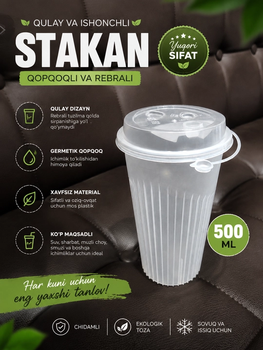 Qopqoqli 500 ml plastik stakan issiq va sovuq ichimliklar uchun - 