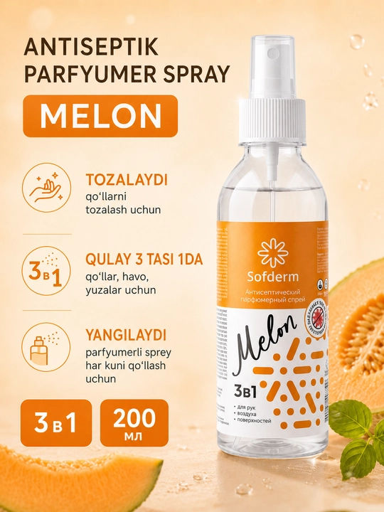 Sofderm Melon 3in1 antiseptik parfyumeriya spreyi qoʻl, havo va yuzalar uchun