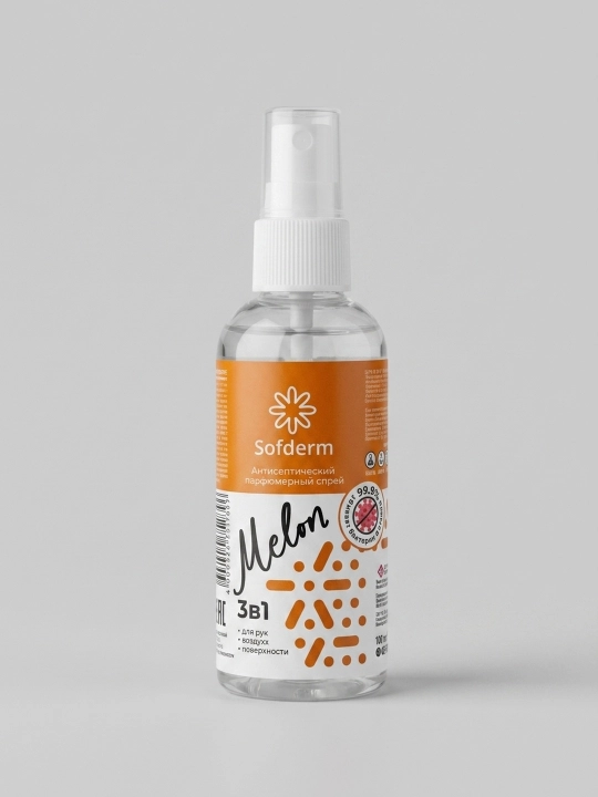Sofderm Melon 3in1 antiseptik parfyumeriya spreyi qoʻl, havo va yuzalar uchun
