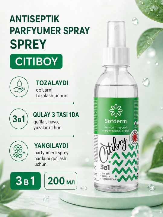 Sofderm Citiboy 3 tasi 1 da antiseptik parfyumeriyali sprey, qo‘llar, havo va yuzalar uchun