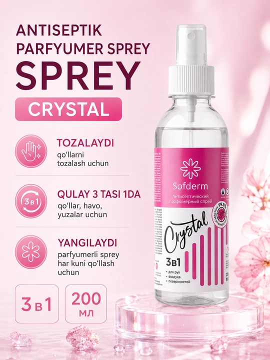 Sofderm Crystal qo‘l, havo va yuzalar uchun antiseptik spreyi