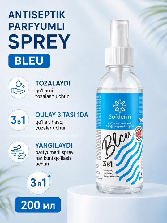 Sofderm Bleu 3in1 antiseptik parfyumer spreyi qo‘l, havo va yuzalar uchun