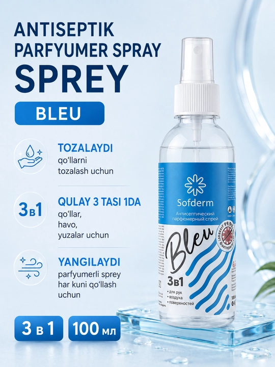 Sofderm Bleu 3in1 antiseptik parfyumer spreyi qo‘l, havo va yuzalar uchun