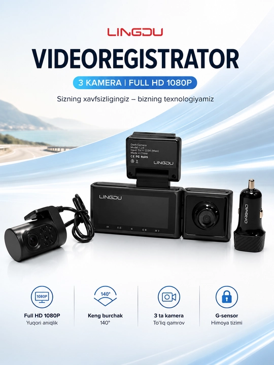 Videoregistrator LINGDU Dash Cam C34 3.18 dyuymli, 3 kamerali, 4K/2K/1080P, WiFi va GPSli