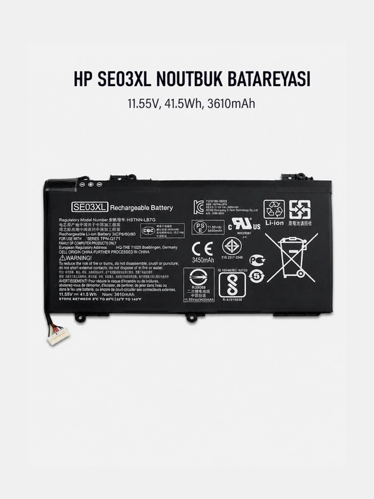 HP SE03XL noutbuk batareyasi (11.55V, 41.5Wh, 3610mAh) – HP Pavilion 14-AL va 14-AV uchun - 