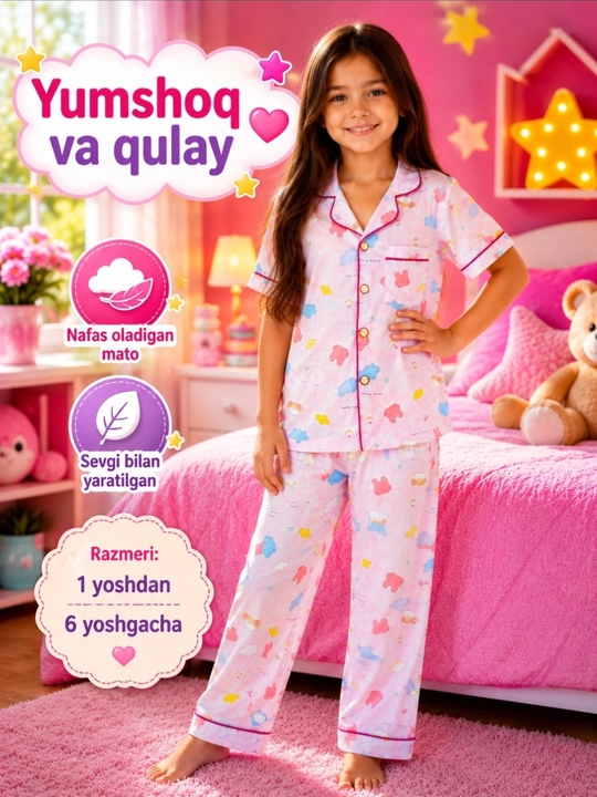 Bolalar pijamasi, qizlar pijamasi, yumshoq pijama, uyqu kiyimi, bolalar uy kiyimi,1–6 yosh - 