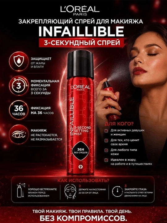 Спрей-фиксатор Loreal Infaillible 3-second Setting Mist, 75 мл - 