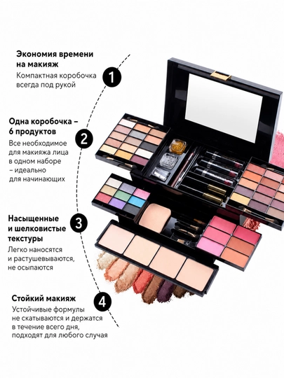 Набор косметики, палетка для макияжа, подарочный бьюти бокс, тени, румяна, помада, пудра