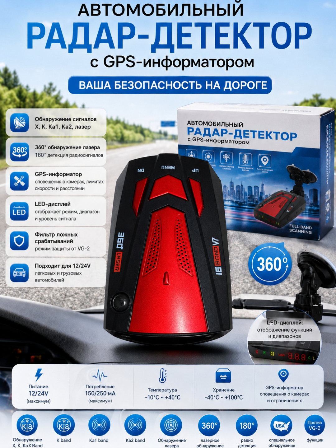 Автомобильный радар-детектор с GPS-информатором, антирадар с дисплеем