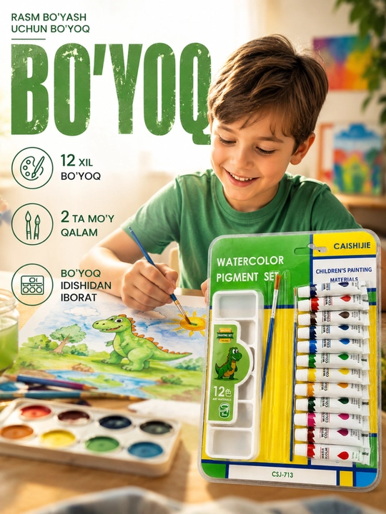 Akvarel bo'yoq, 12 rang, rasm chizish, bolalar bo'yog'i, cho'tka, palitra