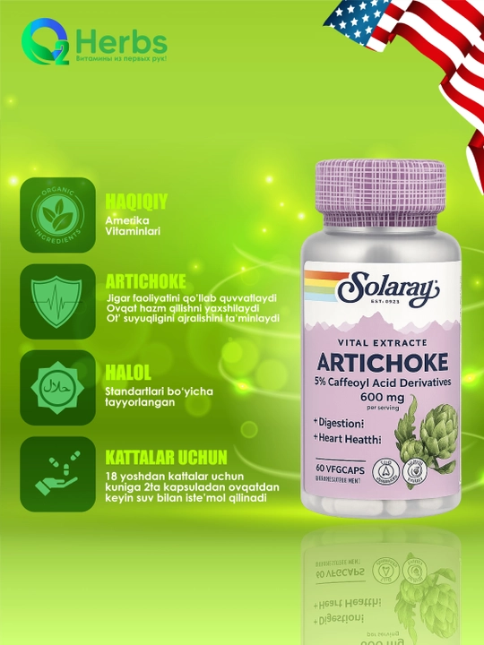 Artishok, Solaray, 600 mg, 60 kapsula - 