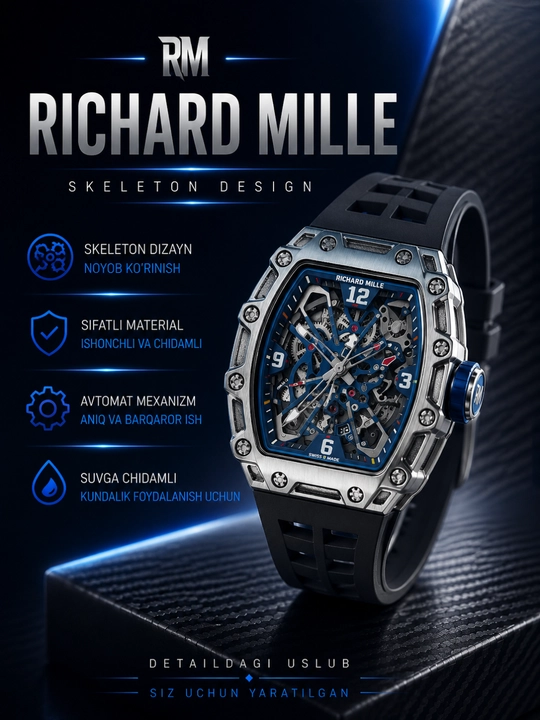 Richard Mille Skeleton avtomatik mexanik soat, silikon tasmali erkaklar qo'l soati - 