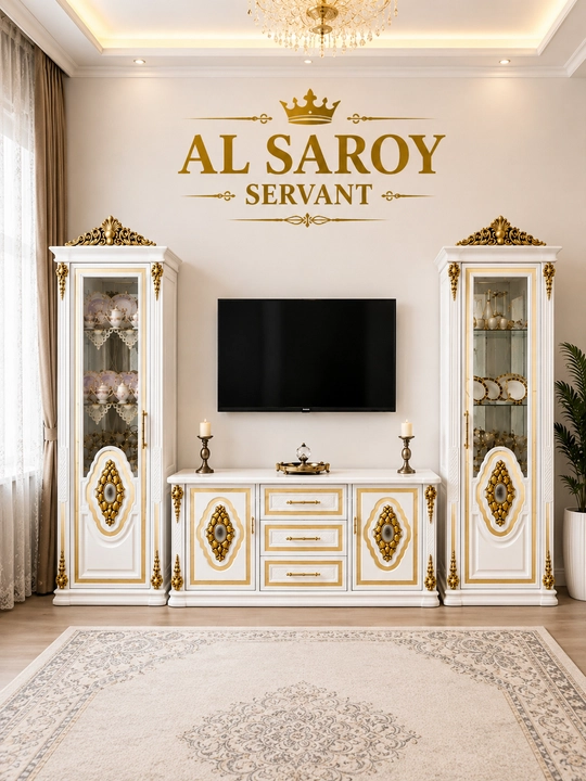 Mehmonxona mebeli TV mebel (Pinal) klassik oq-oltin servant - 