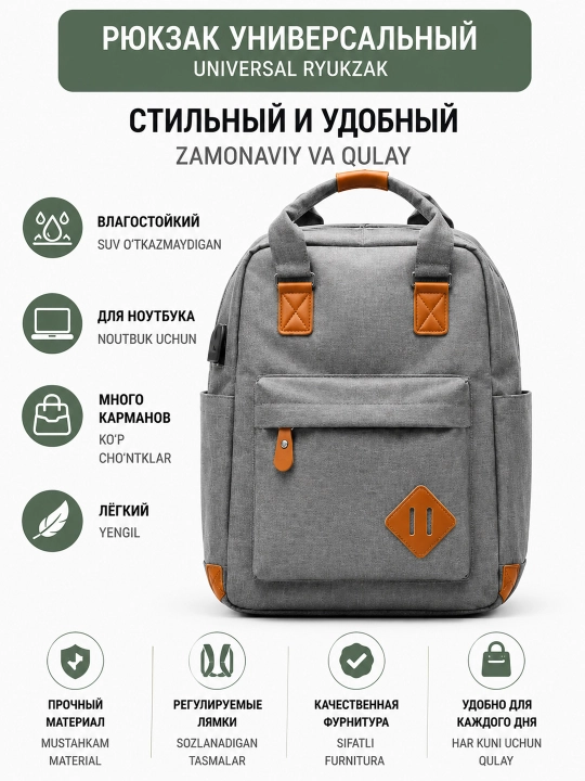 Har kunlik shahar ryukzagi 20 litrlik USB ulagichi bilan mustahkam, o‘ta yengil