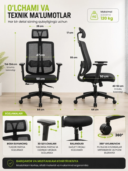 Ergonomik ofis kreslosi Mesh, bosh suyanchiqli kompyuter kreslo