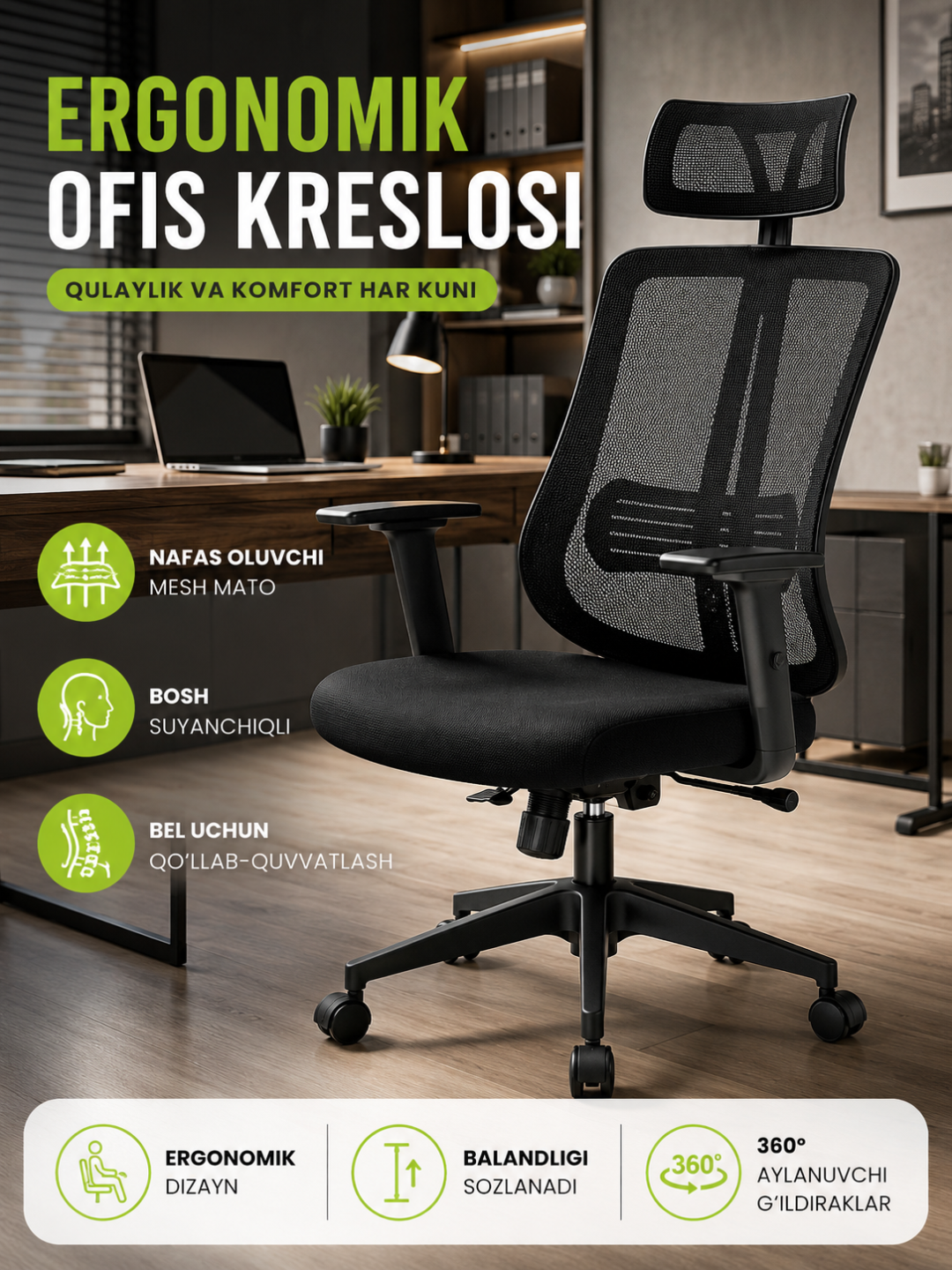 Ergonomik ofis kreslosi Mesh, bosh suyanchiqli kompyuter kreslo - 