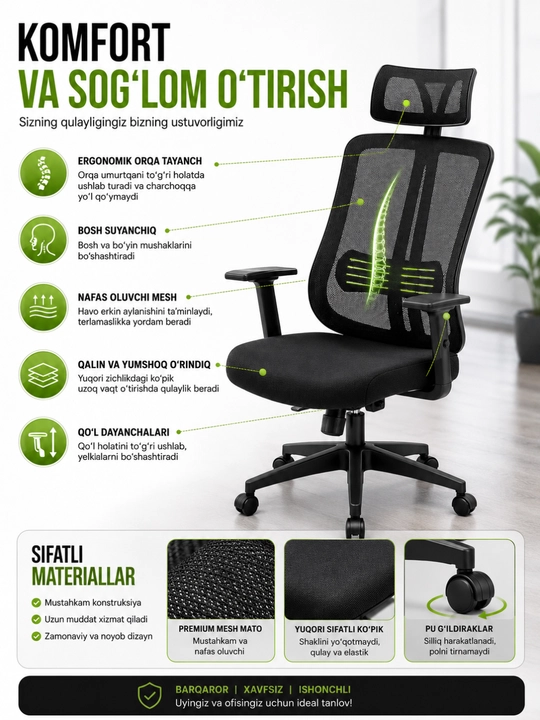 Ergonomik ofis kreslosi Mesh, bosh suyanchiqli kompyuter kreslo