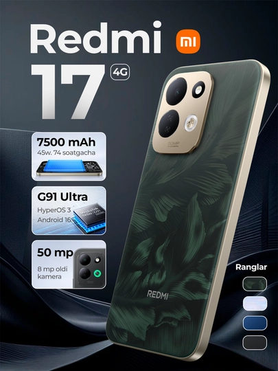 Telefon Redmi 17 4G, 7500 mAh batareya 45Vt 74 soatgacha, IPS 6,9" 120hz, 2x SIM + UZIMEI - 